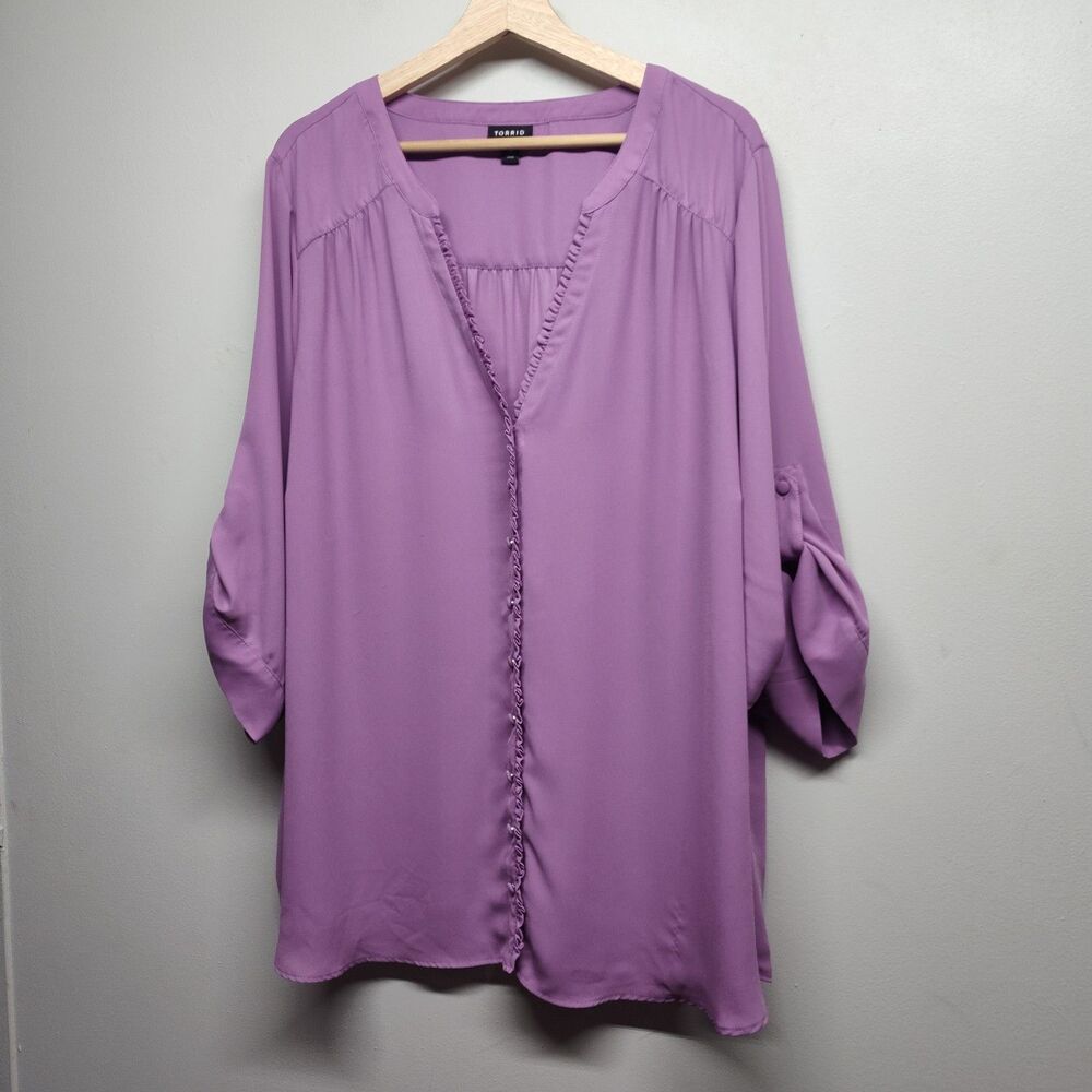 Torrid Georgette Tunic Top Women Plus Size 4X Lavender 3/4 Roll Tab Sleeve Relax